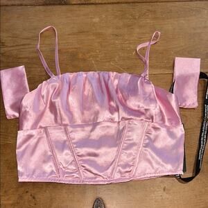 PrettyLittleThing Light Pink Satin Crop Off Shoulder Corset Size 2